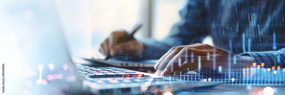 Poster a person analyzing financial data on a digital device, with abstract overlaid digital interface elem