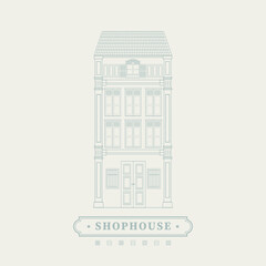 Mnimal line vector illustration drawing of an old school heritage shophouse facade in pastel colour. For concept proposal, design, postcard, banner, social media