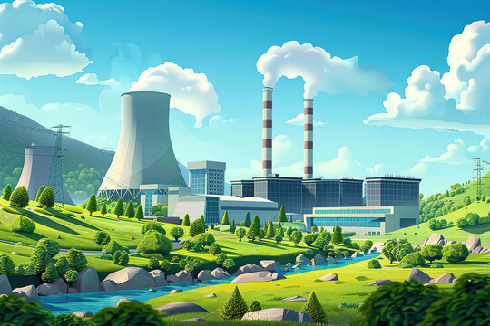 Generative ai on theme of nuclear power plant made of huge smokestacks polluting the environment