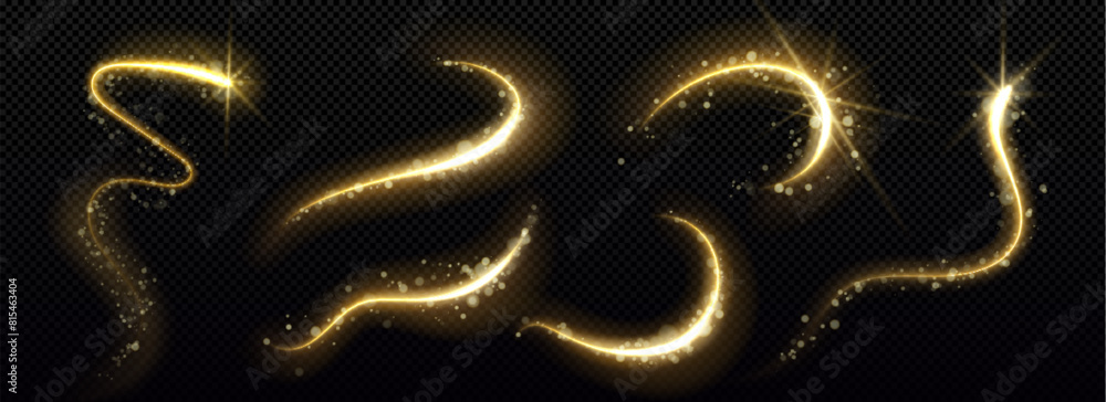 Aufkleber gold star with curve trail line on dark transparent background. realistic vector illustration set of