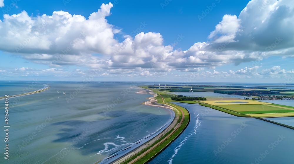 Poster offshore windmill park with clouds and a blue sky windmill park in the ocean aerial view with wind t