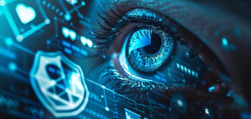 Closeup of an eye with a privacy shield, incorporating random tech elements like alert symbols on phone and laptop screens, ideal for a tech security campaign backdrop.