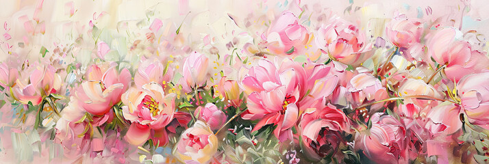 pink tulips and pink peonies in an oil painting, generative AI