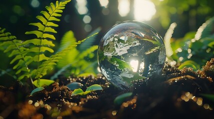 Crystal Earth On Soil In Forest With Ferns And Sunlight  The Environment  Earth Day Concept :...