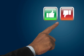 Close up of man hand selects Like and Dislike buttons on blue background. Customer service and excellent feedback concept.