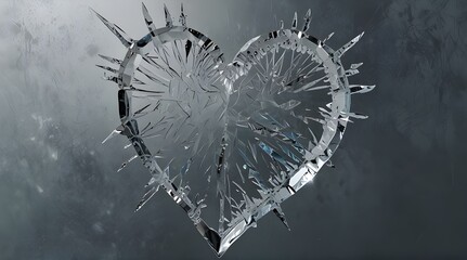 Shattered heart crystal, melting and broken heart on a soft pink and grey background. Digital painting and photorealistic mix.generative.ai 