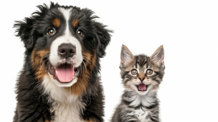 A photo of a pet cat and dog on a white background. a happy puppy of the Bernese Mountain Dog breed and a small gray striped kitten of the British shorthair breed.