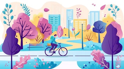 A young man rides his bicycle through a park on a beautiful day