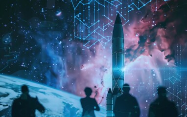 Design a double exposure showing a military rocket missile integrated into a galaxy backdrop, with business engineers analyzing data overlays Smart tech theme, side view, advanced
