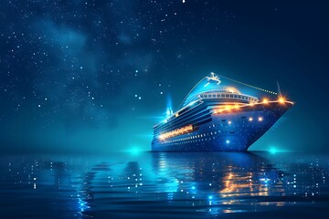 Fototapeta premium Ship. Abstract vector luxury ruise liner ship on dark blue night sky background with dots, stars