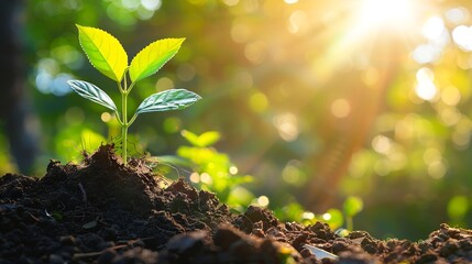 Environment save clean planet ecology conceptWorld Earth Day banner Young green plant growing at sunlight : Generative AI