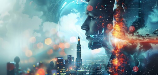Futuristic graphic with double exposure of a military rocket missile and business engineer Blend in galaxy imagery with AI and hack themes for an engaging editorial illustration.