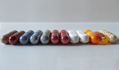 close up of a row of different pills on white background with copy space