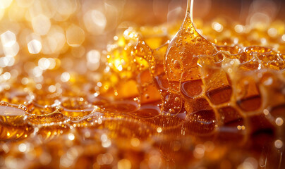close up of bright golden honey dripping on honey comb wallpaper