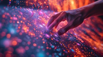Hand interacting with a vibrant, holographic interface, navigating data in a futuristic setting.
