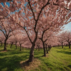 A breathtaking pink orchard with rows of blossoming cherry trees.

