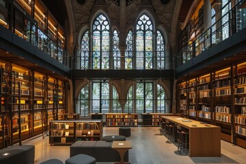 A large library with stained glass windows, wooden shelves, and a reading area.