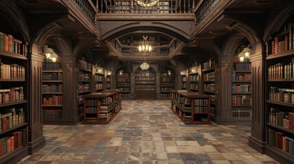 Obraz premium A grand library with a high ceiling and wooden shelves filled with books.