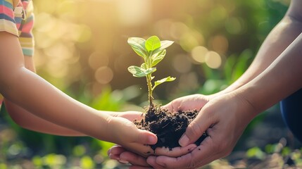 Fototapeta premium hands holding young plant with soilWorld environment day and sustainable environment concept Mom and her child girl plant sapling tree Teamwork protecting and reduce global warming ear : Generative AI