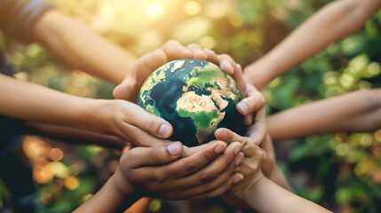 World environment day with global community teamwork a group of volunteers joining hands together concept People join for cooperation success sustainable development goal teamwork and  : Generative AI