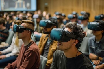A university lecture hall with students wearing virtual reality headsets exploring ancient civilizations