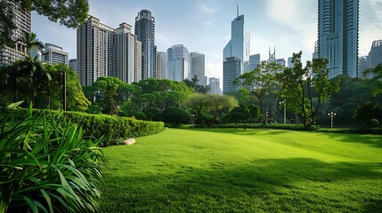 Public park and highrise buildings cityscape in metropolis city center  Green environment city and...