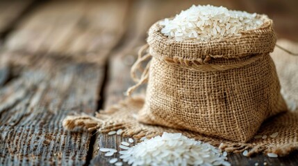 In a small burlap bag on wood, there is white uncooked Thai jasmine rice