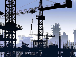 Silhouettes of workers carrying materials on a busy construction site, super realistic