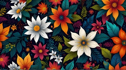 a colorful floral pattern featuring orange, yellow, and white flowers arranged in a repeating patte.generative.ai 