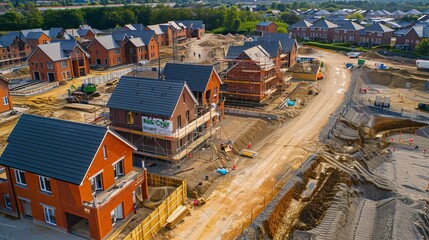 Aerial perspective of a new housing development construction site in the city, highlighting the layout and construction activity