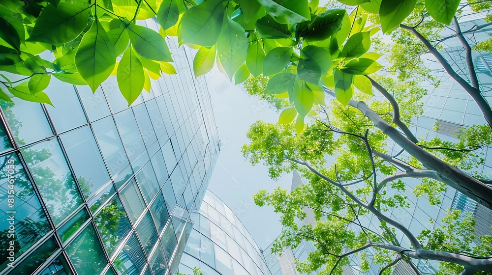 Poster ecofriendly building in the modern city green tree branches with leaves and sustainable glass buildi