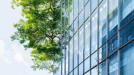 Sustainble green building Ecofriendly building in modern city Sustainable glass office building with tree for reducing carbon dioxide Office with green environment Corporate building r : Generative AI