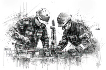 Pencil sketch of engineers working on offshore oil and gas drilling