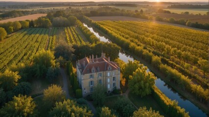 Breathtaking aerial view of a chateau surrounded by lush vineyards and a tranquil river, exuding a...
