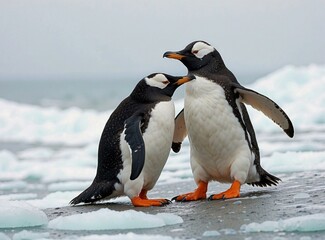Fototapeta premium Two gentoo penguins standing on ice in Antarctica. AI.