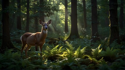 Fototapeta premium In the heart of an ancient forest, shafts of sunlight pierce through the canopy, revealing a majestic stag with antlers reaching towards the sky.generative.ai 