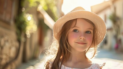 Fototapeta premium A happy little girl with a straw hat and white dress smiles while exploring nature. Her lips part in a smile, showcasing her bright iris and prominent chin AIG50