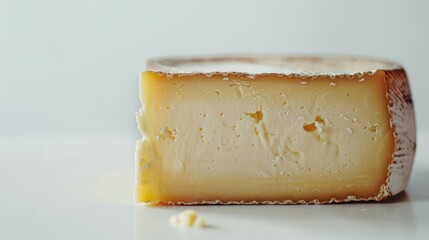 Cheese block held against white background