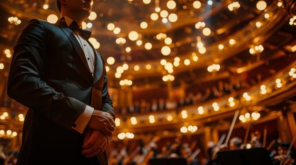 Fototapeta premium Formal suit at a classical music concert close up whimsical overlay with ornate opera house backdrop
