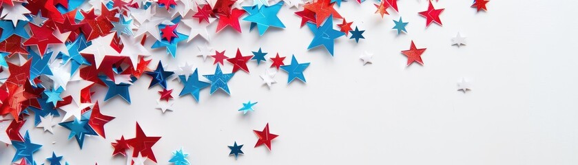 Festive confetti of red and blue glittering stars spread across a white background, symbolizing celebration