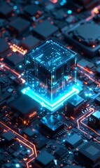 Fototapeta premium A glowing blue cube on a circuit board. AI.