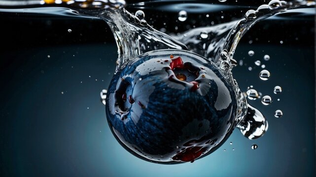 Blueberry falling into water. AI.