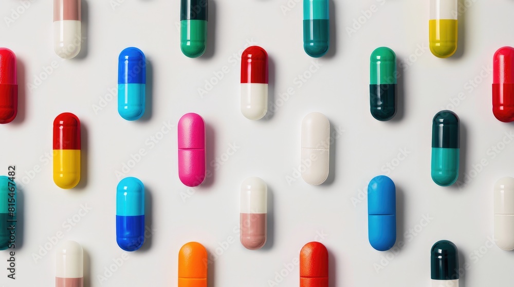 Poster Colorful Pill Packages Arranged on a White Background