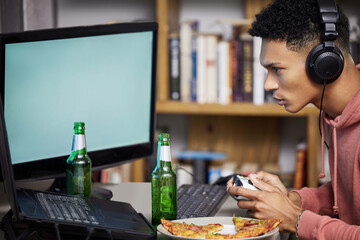 Beer, pizza and gamer man in headset for multiplayer communication or entertainment at home....