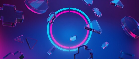 3d illustration rendering of joystick button controller floating for gamer technology futuristic cyberpunk display, gaming scifi stage pedestal background © issaronow