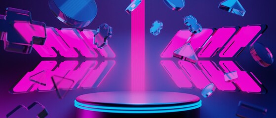 3d illustration rendering of joystick button controller floating for gamer technology futuristic cyberpunk display, gaming scifi stage pedestal background © issaronow