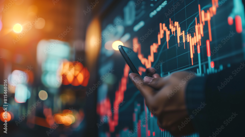 Poster a man in a suit is looking at a graph on a piece of paper. the graph shows a downward trend, which c