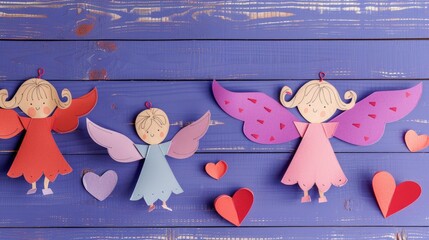 Fototapeta premium Create adorable Valentine s Day cupid angels with heart motifs using paper a glue stick and cardboard sheets along with paper templates set against a charming purple wooden background with s