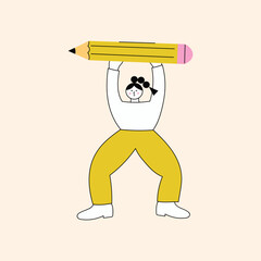 Young woman holding big pencil. Girl with a large Pencil. Cute funny isolated character. Cartoon style. Drawing, writing, creating, design, concept. Colorful vector illustration.
