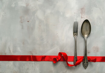 a red ribbon with a fork and a spoon with copy space for text on light white and silver background